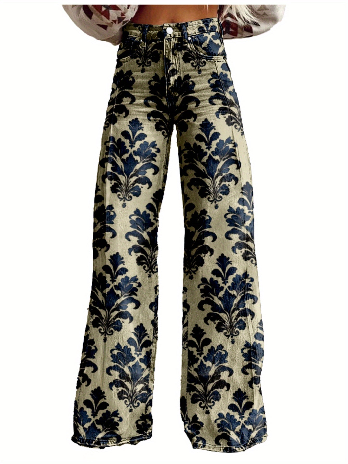Y2K High Waisted Flared Wide Leg Pants for Women - 3D Printed Abstract Floral Design, Loose Floor-Length Comfort, Polyester Casual Hip Hop Style, Spring/Autumn Machine Washable